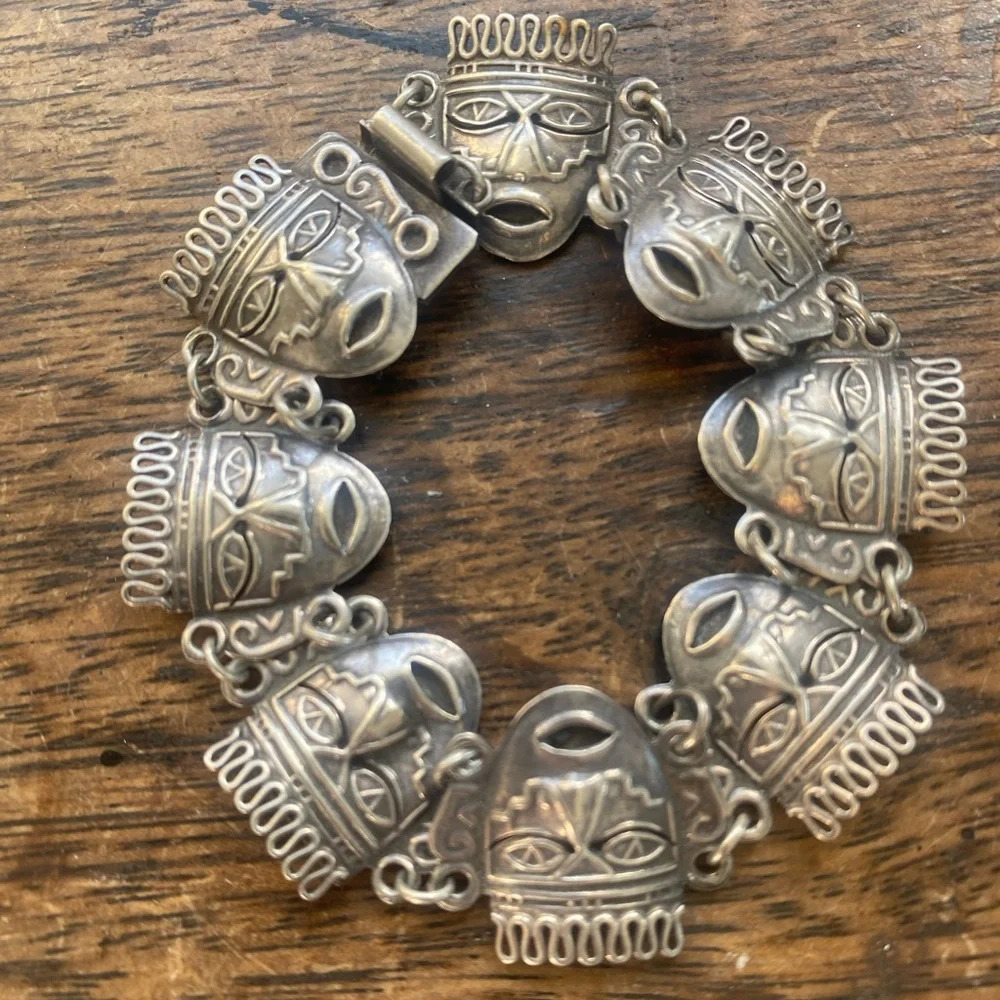 Sterling Silver Tribal Mask Link Bracelet - Silver